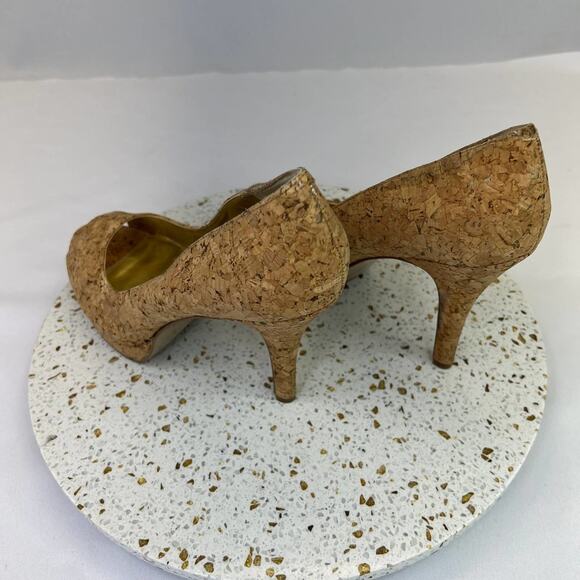 Nine West Tan Specked Cork Heel Peep Toe 4" Pumps Shoes Women's Size 9.5 - Picture 5 of 11